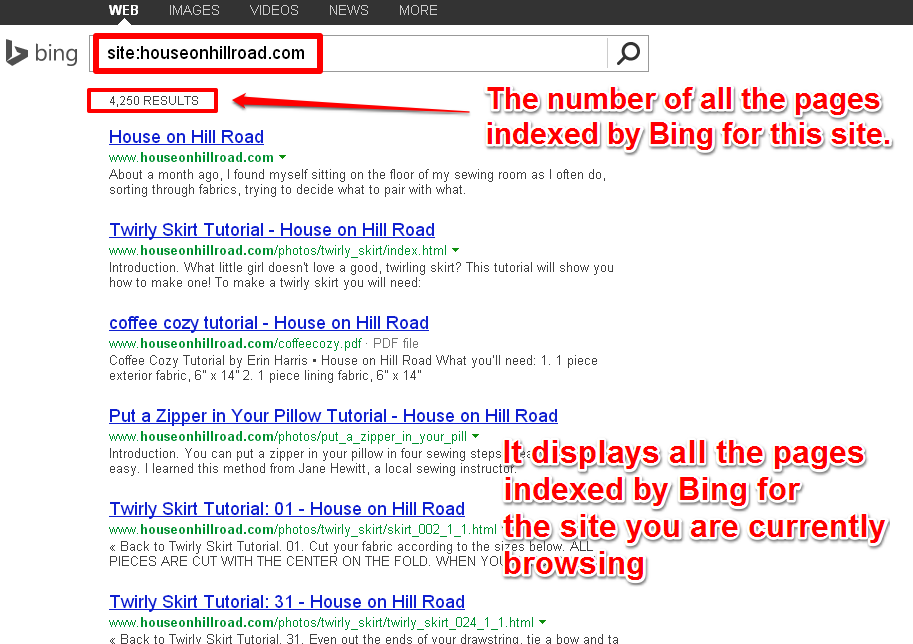 Gives You a List With All The Pages Indexed by Bing For The Current Site