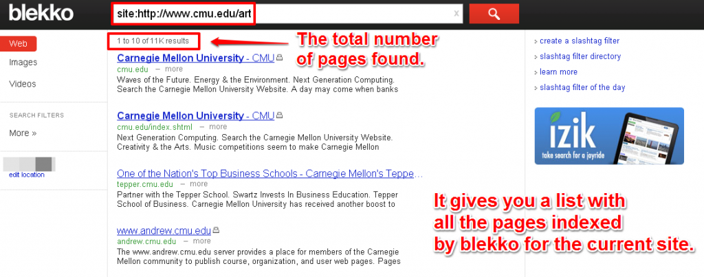 Shows You All The Pages Indexed by Blekko For The Current Site