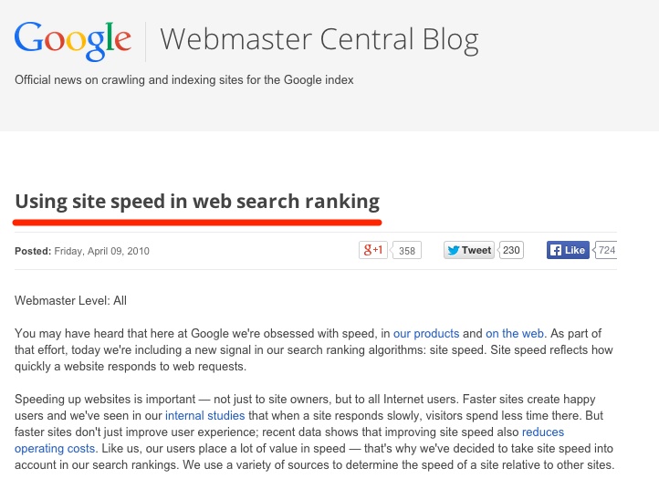 Google Webmaster Blog Site Speed Ranking Factors