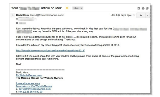 Blogger Outreach Mistakes Made and Lessons Learned - Email to David Horn from Moz