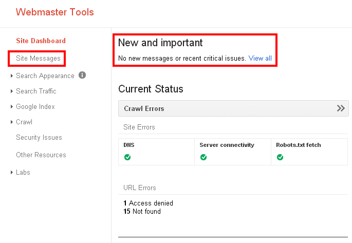 webmaster tools page messages