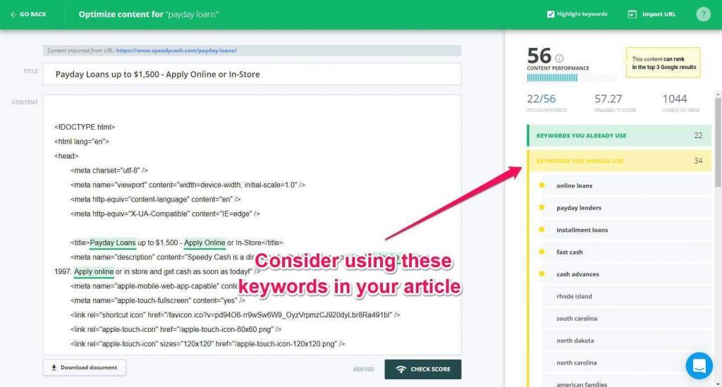 increase your content's relevancy by using the cognitiveSEO tool