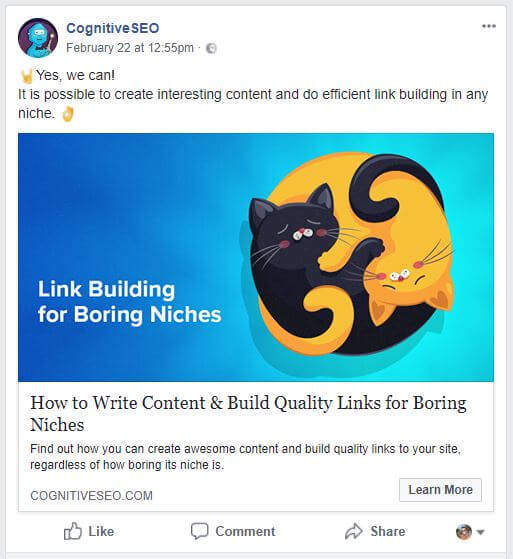 facebook share on previous article about building links in boring niches