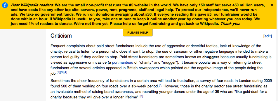Banner on Wikipedia asking users to donate to the website.