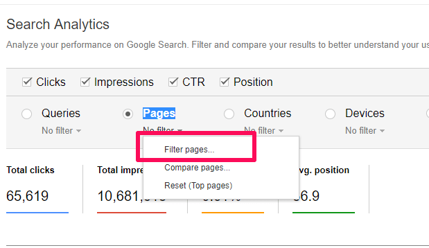 Filter pages in Search Console