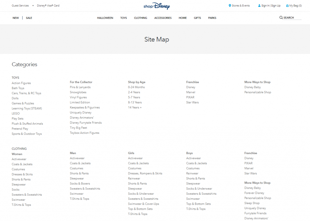 Disney Store HTML Sitemap Example