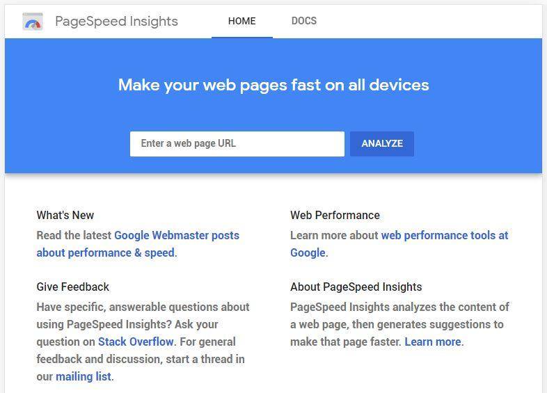 „PageSpeed ​​Insights“ pagrindinis puslapis